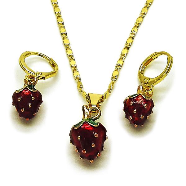 Juego de Arete y Dije de Adulto 10.284.0051 Oro Laminado, Diseño de Fresa, Esmaltado Rojo, Dorado