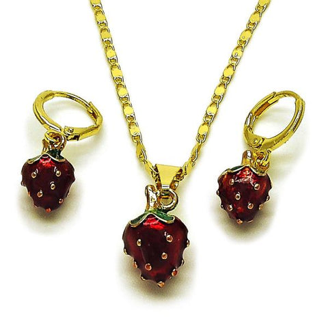 Juego de Arete y Dije de Adulto 10.284.0051 Oro Laminado, Diseño de Fresa, Esmaltado Rojo, Dorado