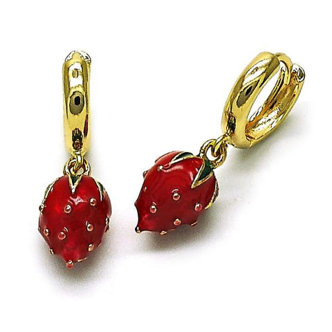 Arete Colgante 02.284.0052 Oro Laminado, Diseño de Fresa, Esmaltado Rojo, Dorado