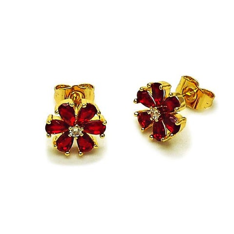 Arete Dormilona 02.344.0177 Oro Laminado, Diseño de Flor, con Zirconia Cubica Granate y Blanca, Pulido, Dorado