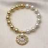 Pulsera Elegante 03.341.0247.07 Oro Laminado, Diseño de Bead Expandible y Concha, Diseño de Bead Expandible, con Zirconia Cubica Blanca y PerlaMarfil, Pulido, Dorado