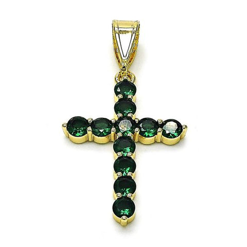 Dije Religioso 05.253.0183 Oro Laminado, Diseño de Cruz, con Zirconia Cubica Verde, Pulido, Dorado