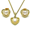 Juego de Arete y Dije de Adulto 10.379.0066 Oro Laminado, Diseño de Corazon, con Perla Marfil, Pulido, Dorado