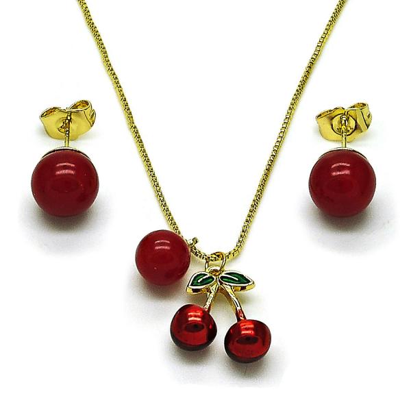 Juego de Arete y Dije de Adulto 10.417.0023 Oro Laminado, Diseño de Cereza y Bola, Diseño de Cereza, con Perla Granate, Pulido, Dorado