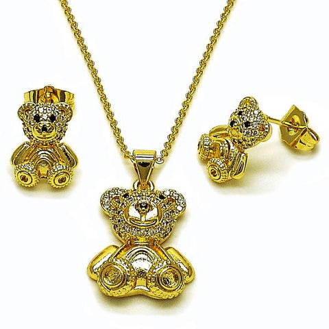 Juego de Arete y Dije de Adulto 10.156.0544 Oro Laminado, Diseño de Osito, con Micro Pave Blanca y Negro, Pulido, Dorado