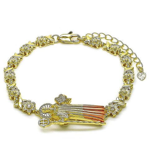 Pulsera Elegante 03.411.0052.08 Oro Laminado, Diseño de San Benito y Flor, Diseño de San Benito, con Zirconia Cubica Blanca, Pulido, Tricolor