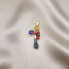 Dije Religioso 05.63.1166.1 Oro Laminado, Diseño de Mano de Figa y Ojo Griego, Diseño de Mano de Figa, Resinado Azul, Dorado