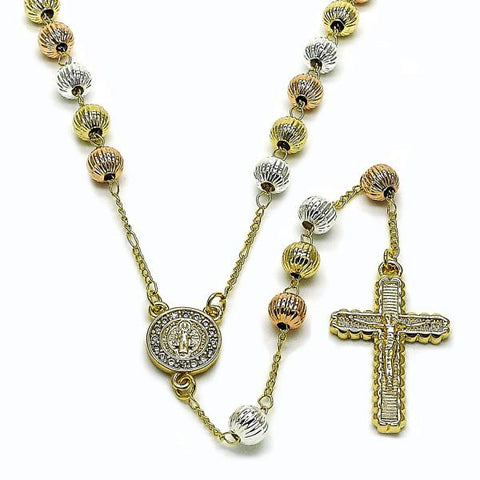 Rosario Mediano 09.253.0085.26 Oro Laminado, Diseño de San Benito y Crucifijo, Diseño de San Benito, con Zirconia Cubica Blanca, Diamantado, Tricolor