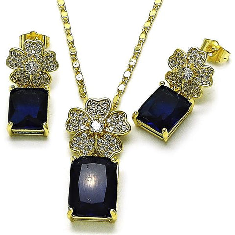 Juego de Arete y Dije de Adulto 10.196.0190.2 Oro Laminado, Diseño de Flor, con Zirconia Cubica Zafiro Azul y Micro PaveBlanca, Pulido, Dorado