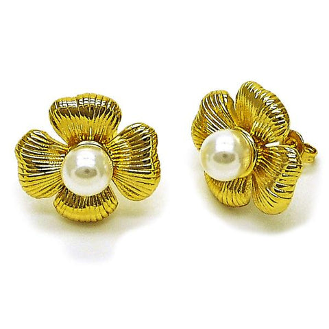 Arete Dormilona 02.341.0255 Oro Laminado, Diseño de Flor, con Perla Marfil, Diamantado, Dorado