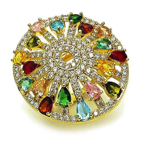 Anillo Multi Piedra 01.266.0074 Oro Laminado, Diseño de Cluster y Gota, Diseño de Cluster, con Zirconia Cubica Multicolor y Blanca, Pulido, Dorado