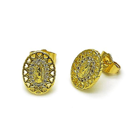 Arete Dormilona 02.156.0707 Oro Laminado, Diseño de Guadalupe y Corazon, Diseño de Guadalupe, con Micro Pave Blanca, Pulido, Dorado