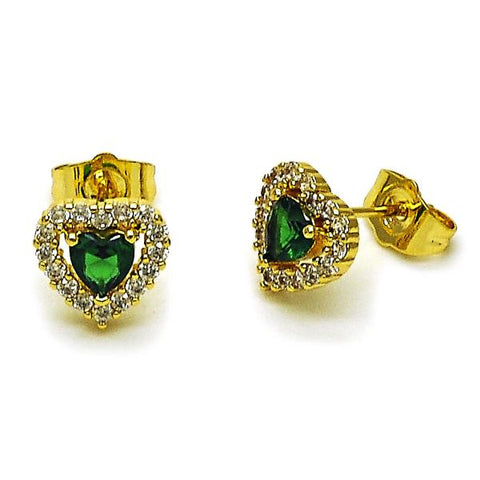 Arete Dormilona 02.156.0710 Oro Laminado, Diseño de Corazon y Cluster, Diseño de Corazon, con Zirconia Cubica Verde y Blanca, Pulido, Dorado