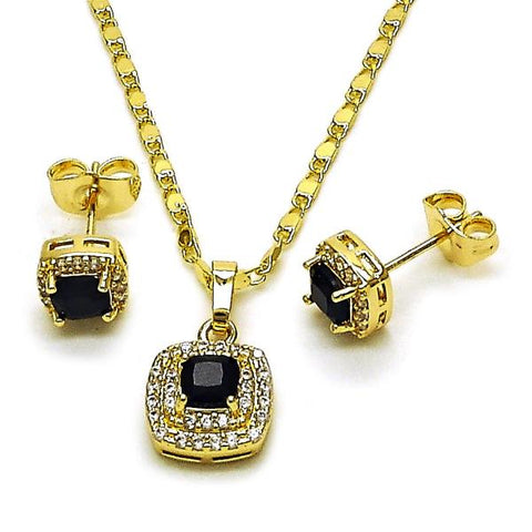 Juego de Arete y Dije de Adulto 10.196.0183 Oro Laminado, Diseño de Cluster, con Zirconia Cubica Negro y Micro PaveBlanca, Pulido, Dorado