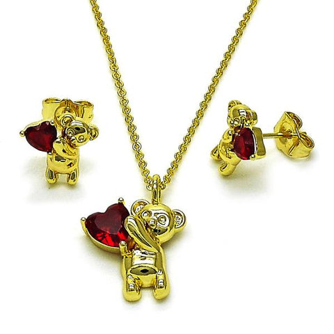 Juego de Arete y Dije de Adulto 10.156.0527 Oro Laminado, Diseño de Osito y Corazon, Diseño de Osito, con Zirconia Cubica Granate, Pulido, Dorado