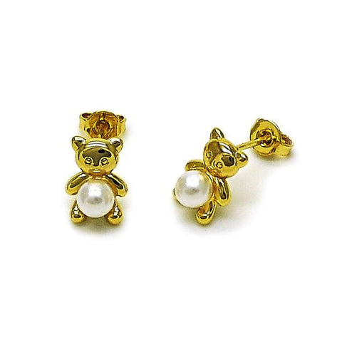 Arete Dormilona 02.341.0257 Oro Laminado, Diseño de Osito, con Perla Marfil, Pulido, Dorado