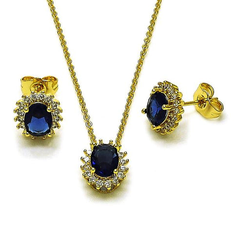 Juego de Arete y Dije de Adulto 10.156.0520 Oro Laminado, Diseño de Cluster, con Zirconia Cubica Zafiro Azul y Blanca, Pulido, Dorado