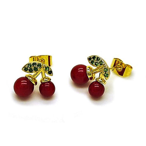 Arete Dormilona 02.283.0281 Oro Laminado, Diseño de Cereza, con Perla Granate y Micro PaveVerde, Pulido, Dorado