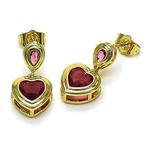 Arete Colgante 02.196.0236.1 Oro Laminado, Diseño de Corazon y Gota, Diseño de Corazon, con Zirconia Cubica Rubi, Pulido, Dorado
