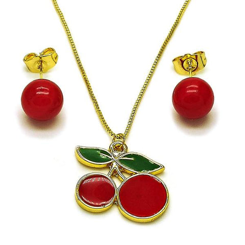 Juego de Arete y Dije de Adulto 10.417.0019 Oro Laminado, Diseño de Cereza y Bola, Diseño de Cereza, Esmaltado Rojo, Dorado