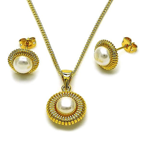 Juego de Arete y Dije de Adulto 10.342.0254 Oro Laminado, Diseño de Flor, con Perla Marfil, Pulido, Dorado