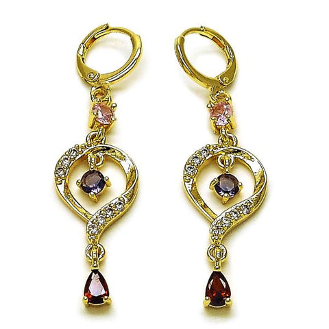 Arete Largo 02.323.0102 Oro Laminado, Diseño de Gota, con Zirconia Cubica Multicolor y Blanca, Pulido, Dorado
