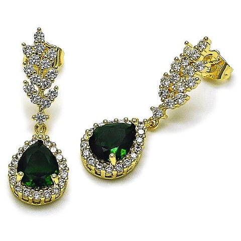 Arete Colgante 02.196.0246 Oro Laminado, Diseño de Gota y Oja, Diseño de Gota, con Zirconia Cubica Verde y Blanca, Pulido, Dorado