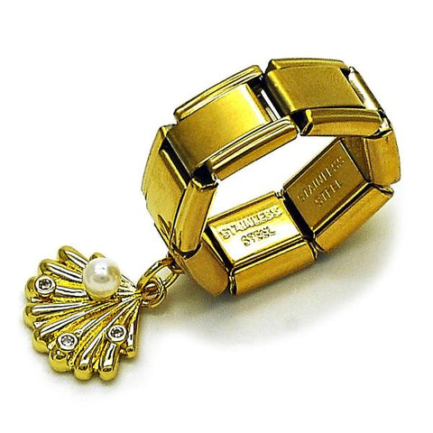 Anillo Multi Piedra 01.341.0163 Oro Laminado, Diseño de Concha, con Zirconia Cubica Blanca y PerlaMarfil, Pulido, Dorado