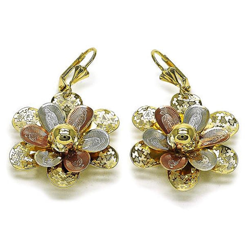 Arete Colgante 02.331.0079 Oro Laminado, Diseño de Flor y Guadalupe, Diseño de Flor, Diamantado, Tricolor