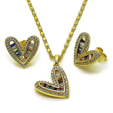 Juego de Arete y Dije de Adulto 10.196.0191 Oro Laminado, Diseño de Corazon y Baguette, Diseño de Corazon, con Zirconia Cubica Multicolor y Blanca, Pulido, Dorado