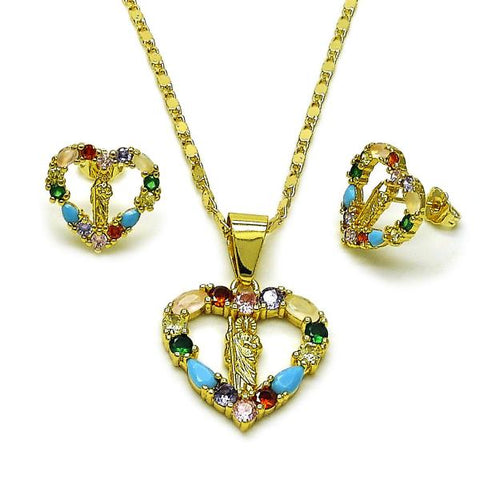 Juego de Arete y Dije de Adulto 10.411.0011.1 Oro Laminado, Diseño de San Judas y Corazon, Diseño de San Judas, con Zirconia Cubica Multicolor, Pulido, Dorado
