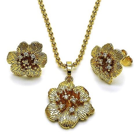 Juego de Arete y Dije de Adulto 10.282.0004 Oro Laminado, Diseño de Flor, con Zirconia Cubica Blanca, Diamantado, Dorado