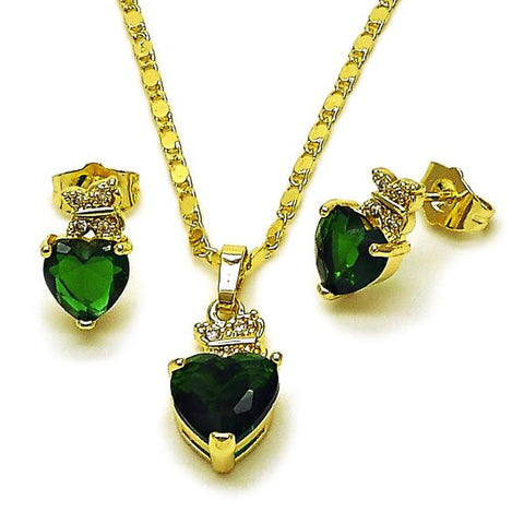 Juego de Arete y Dije de Adulto 10.196.0166 Oro Laminado, Diseño de Corazon y Mariposa, Diseño de Corazon, con Zirconia Cubica Verde y Blanca, Pulido, Dorado