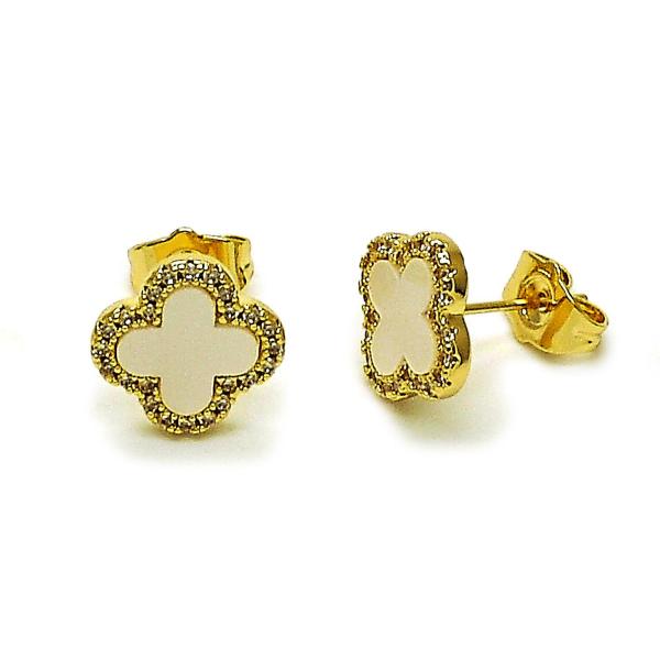 Arete Dormilona 02.283.0245 Oro Laminado, Diseño de Trebol de Cuatro Hojas, con Madre Perla Marfil y Micro PaveBlanca, Pulido, Dorado
