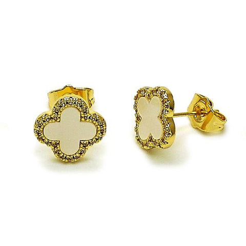 Arete Dormilona 02.283.0245 Oro Laminado, Diseño de Trebol de Cuatro Hojas, con Madre Perla Marfil y Micro PaveBlanca, Pulido, Dorado