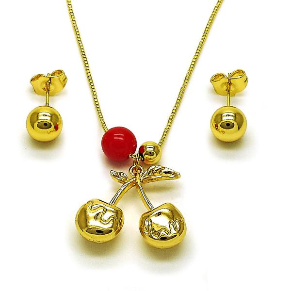 Juego de Arete y Dije de Adulto 10.417.0021 Oro Laminado, Diseño de Cereza y Bola, Diseño de Cereza, Pulido, Dorado