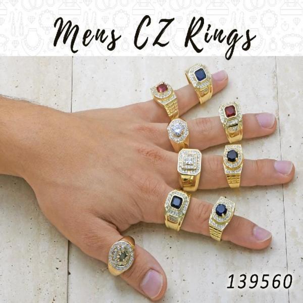 Kit Surtido de 12 Anillos para Hombre con Zirconia de Oro Laminado al por mayor — SKU 139560