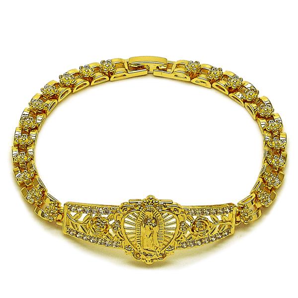 Pulsera Elegante 03.283.0500.07 Oro Laminado, Diseño de Guadalupe y Flor, Diseño de Guadalupe, con Zirconia Cubica Blanca, Pulido, Dorado