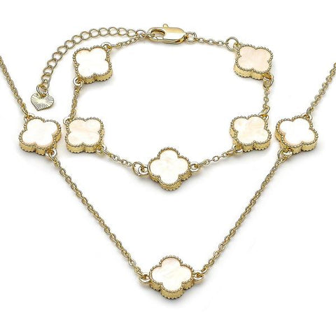 Collar y Pulso 06.120.0001.3 Oro Laminado, Diseño de Trebol de Cuatro Hojas y Rolo, Diseño de Trebol de Cuatro Hojas, con Madre Perla Marfil, Pulido, Dorado