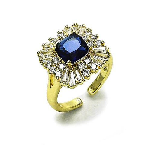 Anillo Multi Piedra 01.196.0042.2 Oro Laminado, Diseño de Cluster y Baguette, Diseño de Cluster, con Zirconia Cubica Zafiro Azul y Blanca, Pulido, Dorado
