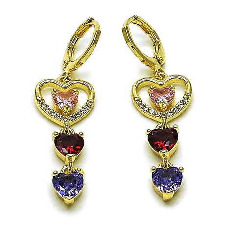 Arete Largo 02.196.0250 Oro Laminado, Diseño de Corazon, con Zirconia Cubica Multicolor y Micro PaveBlanca, Pulido, Dorado