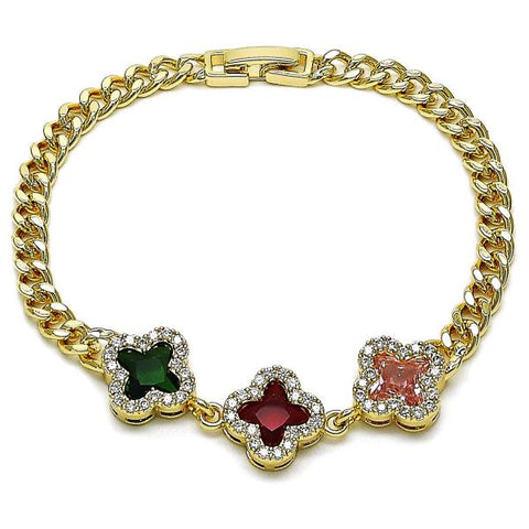 Pulsera Elegante 03.283.0434.4.07 Oro Laminado, Diseño de Trebol de Cuatro Hojas y Miami Cubana, Diseño de Trebol de Cuatro Hojas, con Zirconia Cubica Multicolor y Micro PaveBlanca, Pulido, Dorado