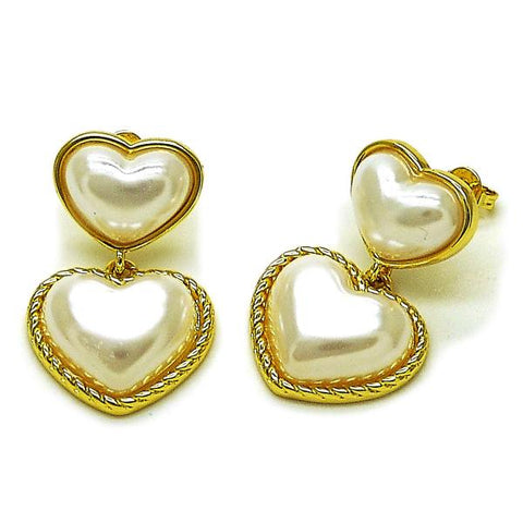 Arete Dormilona 02.341.0240 Oro Laminado, Diseño de Corazon, con Perla Marfil, Pulido, Dorado