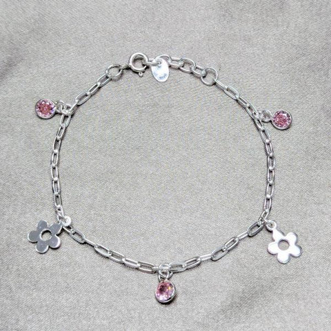 Pulsera de Dije 03.409.0174.07 Plata Rodinada, Diseño de Flor, con Zirconia Cubica Rosado, Pulido, Plateado