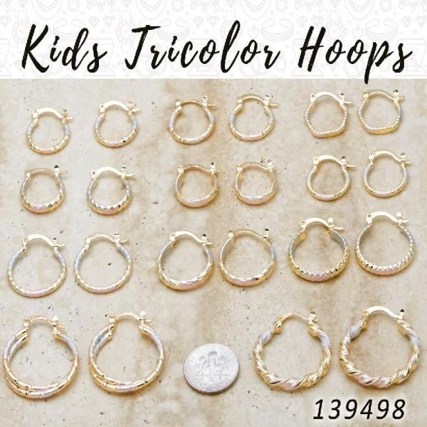 Kit Surtido de 50 Pares de Argollas Infantiles Tricolor de 10 a 15 mm de Oro Laminado al por mayor — SKU 139498