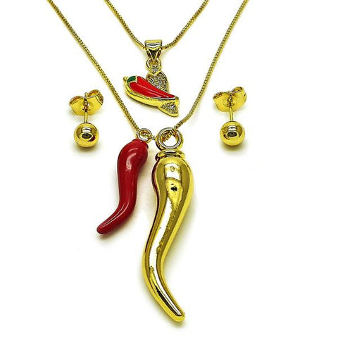 Collar y Arete 06.417.0021 Oro Laminado, Diseño de Chile y Box, Diseño de Chile, con Micro Pave Blanca, Esmaltado Rojo, Dorado