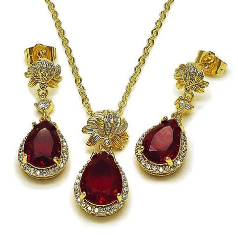 Juego de Arete y Dije de Adulto 10.196.0195.1 Oro Laminado, Diseño de Gota y Oja, Diseño de Gota, con Zirconia Cubica Granate y Micro PaveBlanca, Pulido, Dorado