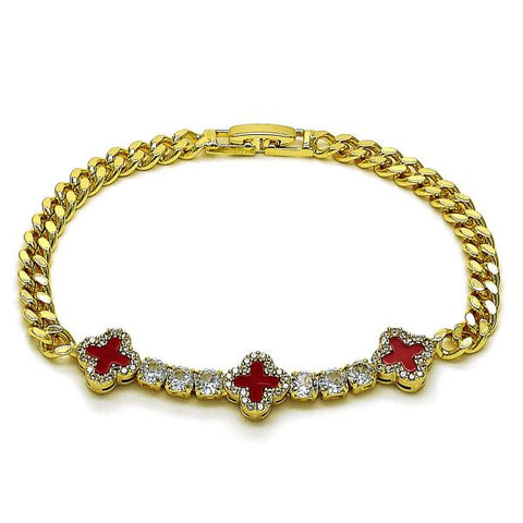 Pulsera Elegante 03.284.0057.1.07 Oro Laminado, Diseño de Trebol de Cuatro Hojas y Miami Cubana, Diseño de Trebol de Cuatro Hojas, con Perla Granate y Zirconia CubicaBlanca, Pulido, Dorado