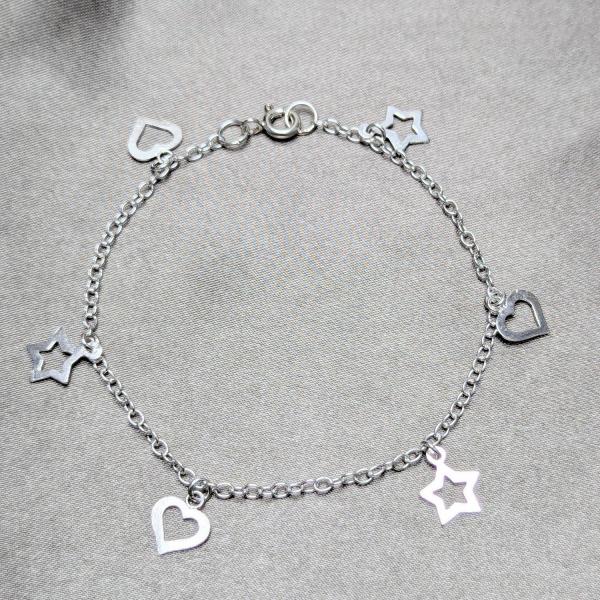 Pulsera de Dije 03.409.0169.07 Plata Rodinada, Diseño de Estrella y Corazon, Diseño de Estrella, Pulido, Plateado