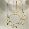Collar, Pulso y Arete 06.213.0011 Oro Laminado, Diseño de Corazon y Ojo Griego, Diseño de Corazon, Resinado Multicolor, Dorado